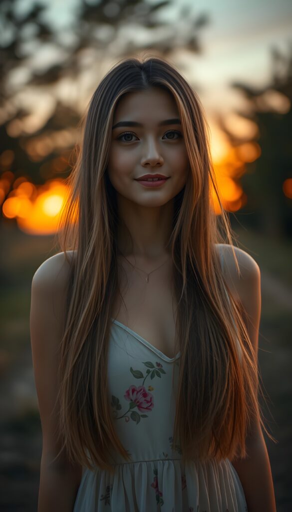A beautiful young woman standing outdoors on a warm summer evening, bathed in soft golden hour light. She has gorgeous, dark blonde, long, straight and fine hair that falls smoothly over her shoulders and gently moves in the evening breeze. She is wearing a thin, light white summer dress with a colorful floral pattern, the fabric slightly translucent and softly flowing around her body as she moves. She has a warm, genuine smile and subtle, natural makeup that highlights her features. In the background, out‑of‑focus trees and distant lights create a dreamy, cinematic bokeh, with the sky glowing in orange and pink tones as the sun sets. The atmosphere feels calm, romantic, and peaceful, with a slightly cinematic, high‑quality, realistic style. View from the front.