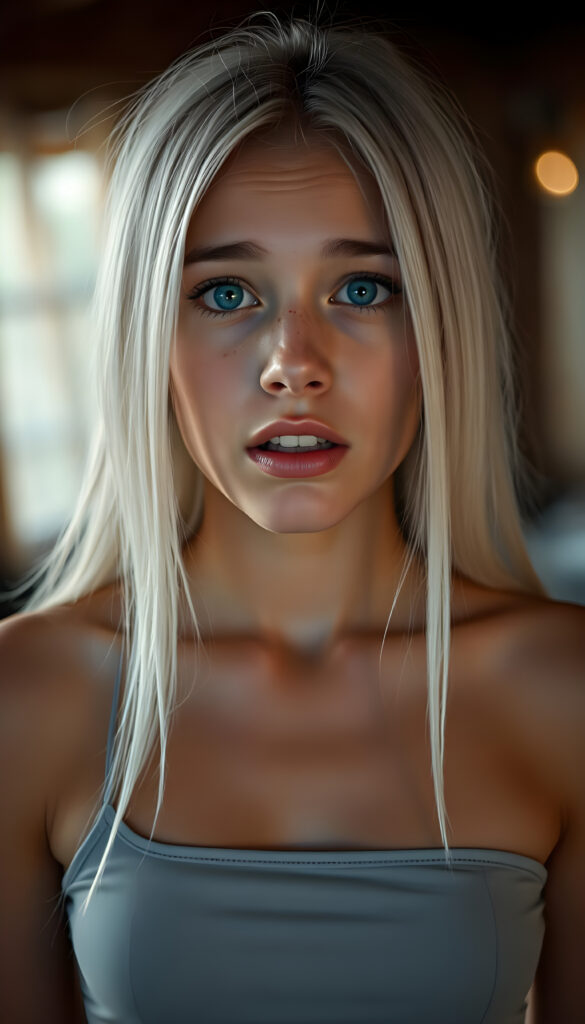 A beautiful young busty teen girl with soft, long, open straight white hair, a few freckles on her face, deep blue, detailed, shining eyes, full, plump lips, her mouth slightly open, white teeth, looking surprised and frightened, blurred background. She is wearing a tight light grey cropped tank top that hugs her perfect female body.
