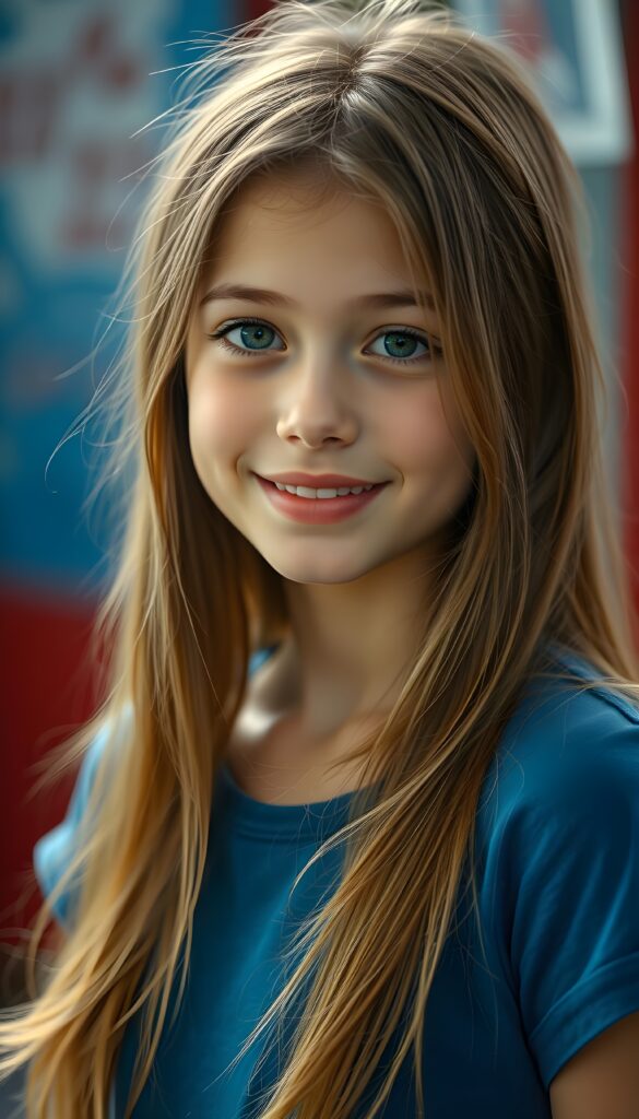 A beautiful young girl with light brown, hazelnut-colored, long, straight hair, a round face, green eyes, full, plump lips, a small snub nose, a smile, white teeth, enchanting, flawlessly beautiful. The photo emphasizes her enchanting youthful beauty. She is wearing a blue T-shirt that accentuates her enchantingly shaped female body. The background is a soft blue and red.