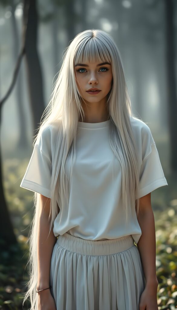 A beautiful young woman in a white, silvery oversized t-shirt paired with an a long, white skirt. Fantasy. She has long, straight, smooth platinum white soft hair. Light blue eyes, flawless skin. Bangs. Perfect anatomy for his hand. All against a misty and fogy forest. Fairy Fantasy.