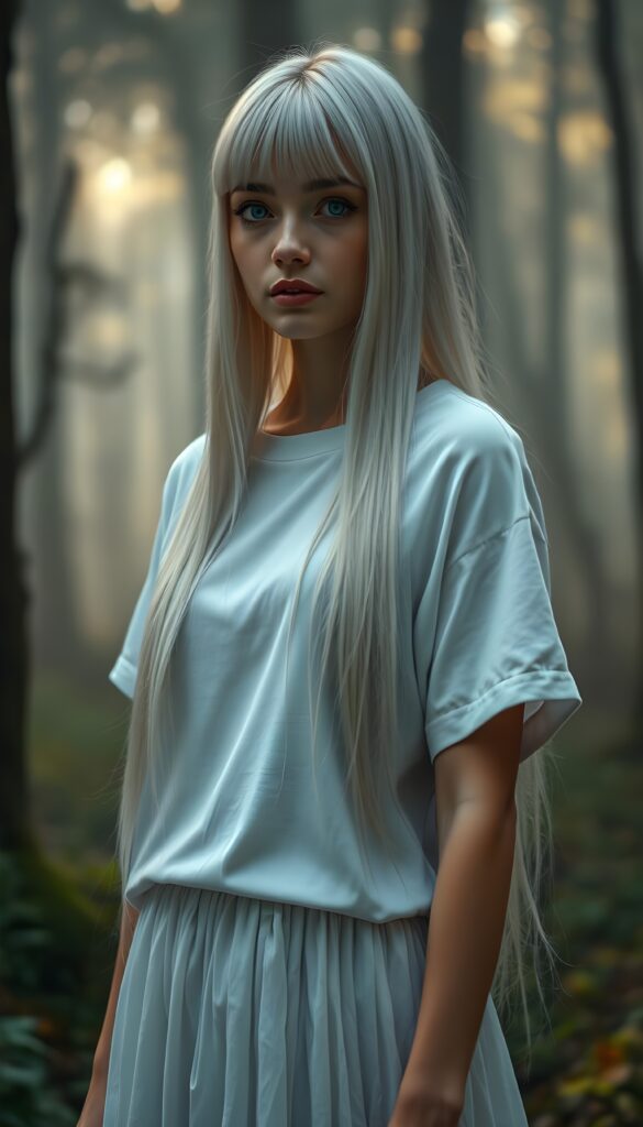 A beautiful young woman in a white, silvery oversized t-shirt paired with an a long, white skirt. Fantasy. She has long, straight, smooth platinum white soft hair. Light blue eyes, flawless skin. Bangs. Perfect anatomy for his hand. All against a misty and fogy forest. Fairy Fantasy.