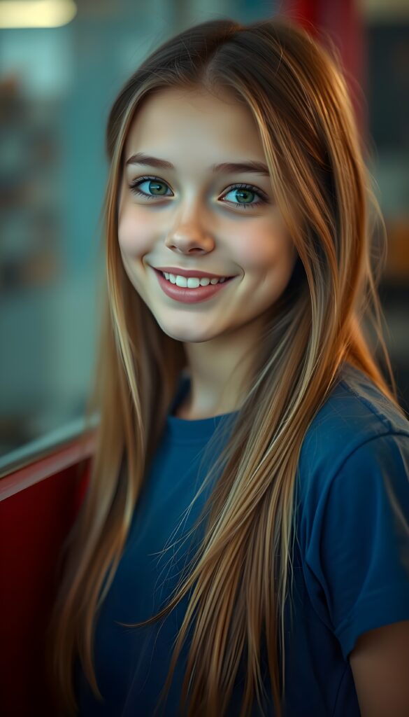 A beautiful young girl with light brown, hazelnut-colored, long, straight hair, a round face, green eyes, full, plump lips, a small snub nose, a smile, white teeth, enchanting, flawlessly beautiful. The photo emphasizes her enchanting youthful beauty. She is wearing a blue T-shirt that accentuates her enchantingly shaped female body. The background is a soft blue and red.