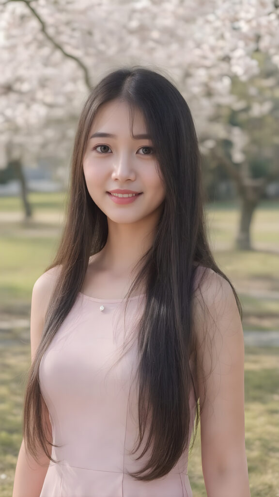 A beautiful young Korean woman, long dark hair, clear skin, gentle smile, wearing a modern pastel dress, standing in a sunlit park with cherry blossoms, soft natural lighting, photorealistic, high detail