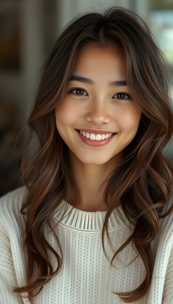 A beautiful upper body portrait from a young Asian girl with a round face, brown long straight jet hair with black highlights, smiling happily with a joyful expression. She is wearing a fine, white sweater that elegantly highlights her wonderfully shaped feminine body. She has a warm, natural look with soft lighting highlighting her features. Capture her genuine happiness as she looks directly at the camera, creating an inviting and cheerful portrait. Medium close-up shot, soft natural daylight, gentle background blur to emphasize her face and the elegant white sweater.