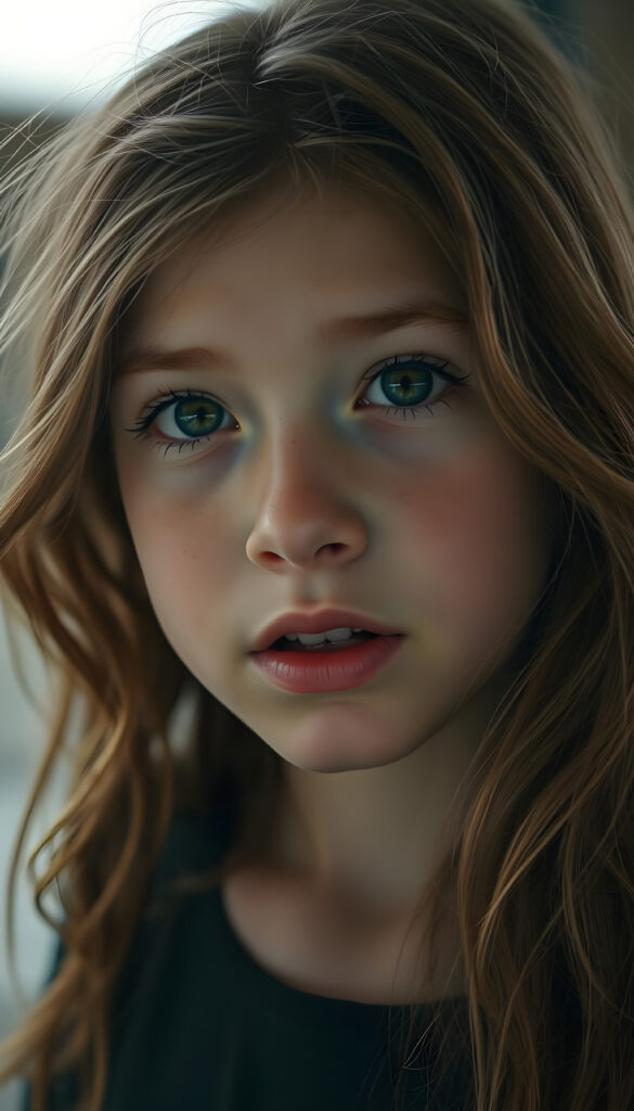 A beautiful young girl with soft, long wavy copper-colored hair, a few freckles on her face, detailed green eyes, full plump lips, her mouth slightly open, white teeth, looking surprised, focus on her upper body, blurred background.