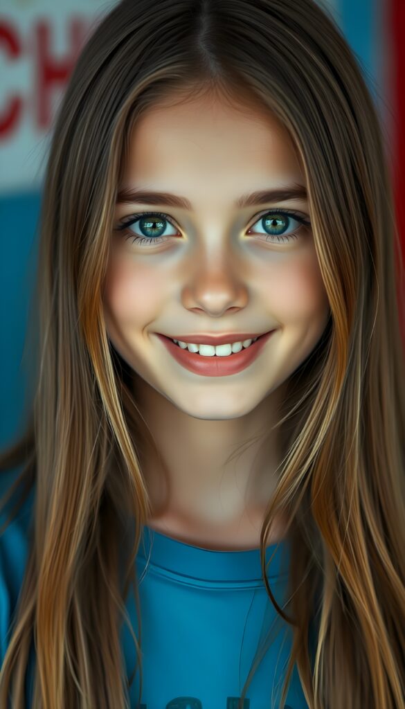 A beautiful young girl with light brown, hazelnut-colored, long, straight hair, a round face, green eyes, full, plump lips, a small snub nose, a smile, white teeth, enchanting, flawlessly beautiful. The photo emphasizes her enchanting youthful beauty. She is wearing a blue T-shirt that accentuates her enchantingly shaped female body. The background is a soft blue and red.