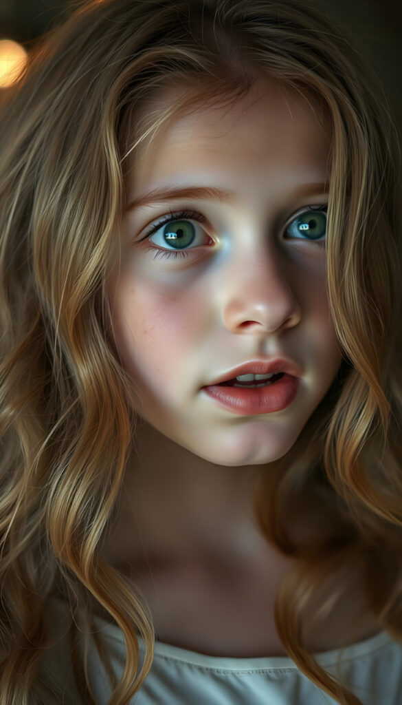 A beautiful young girl with soft, long wavy copper-colored hair, a few freckles on her face, detailed green eyes, full plump lips, her mouth slightly open, white teeth, looking surprised, focus on her upper body, blurred background.