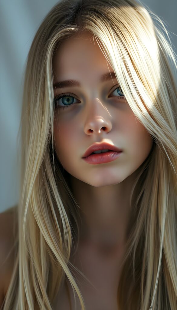 A beautiful young girl with long, straight blonde hair; she has plump, full lips and is anticipating a sensual kiss; her skin is flawless. The focus is on her deep blue eyes. Light falls on her round, angelic face. The image perfectly conveys passion and sensuality. The background is a white-gray canvas.