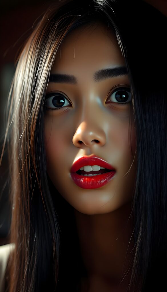 A beautiful young woman's face, deep black big round eyes, perfect eyebrows, flawless brown skin, red, full lips, white teeth, she looks surprised, makeup, long black hair falls straight like a waterfall over her shoulders and frames her round face. Her mouth is wide open.