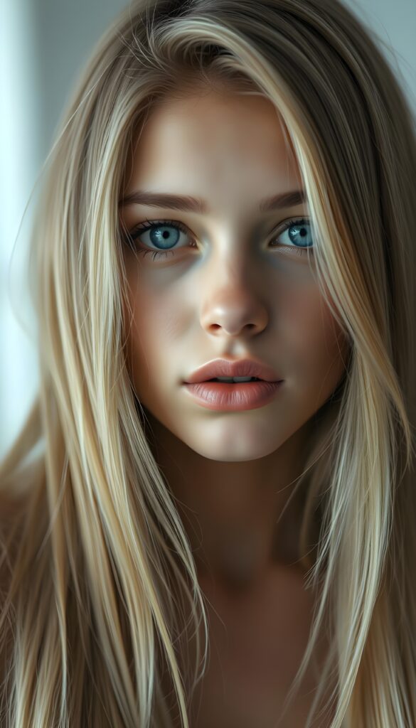 A beautiful young girl with long, straight blonde hair; she has plump, full lips and is anticipating a sensual kiss; her skin is flawless. The focus is on her deep blue eyes. Light falls on her round, angelic face. The image perfectly conveys passion and sensuality. The background is a white-gray canvas.