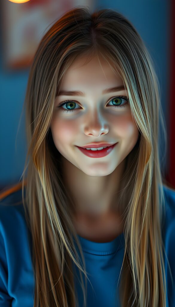 A beautiful young girl with light brown, hazelnut-colored, long, straight hair, a round face, green eyes, full, plump lips, a small snub nose, a smile, white teeth, enchanting, flawlessly beautiful. The photo emphasizes her enchanting youthful beauty. She is wearing a blue T-shirt that accentuates her enchantingly shaped female body. The background is a soft blue and red.