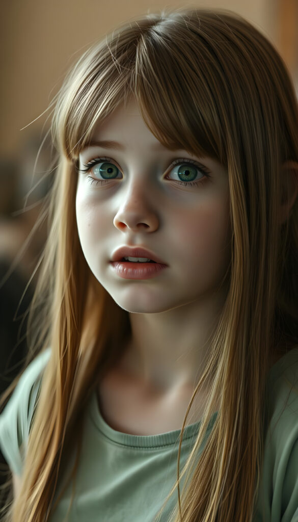 A beautiful young girl with soft, long, straight copper-colored hair, a few freckles on her face, green, detailed, shining eyes, full, plump lips, her mouth slightly open, white teeth, looking surprised and frightened, blurred background. She is wearing a tight light green T-shirt that hugs her perfect female body.
