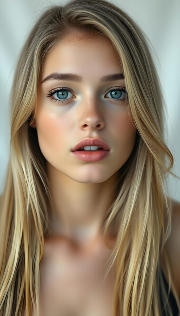 A beautiful young girl with long, straight blonde hair; she has plump, full lips and is anticipating a sensual kiss; her skin is flawless. The focus is on her deep blue eyes. Light falls on her round, angelic face. The image perfectly conveys passion and sensuality. The background is a white-gray canvas.