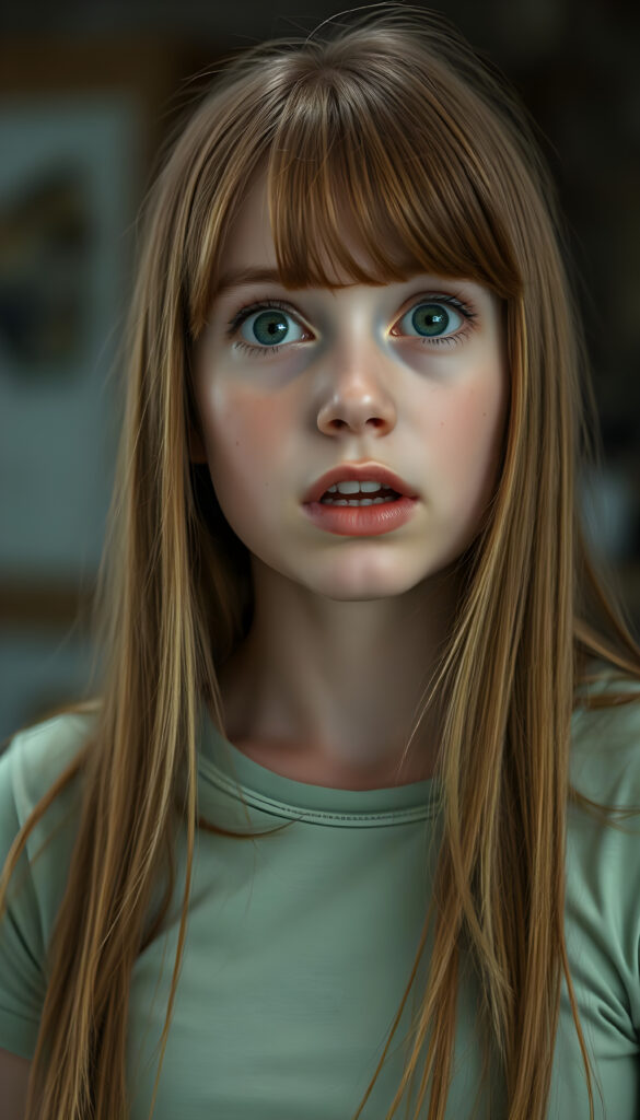 A beautiful young girl with soft, long, straight copper-colored hair, a few freckles on her face, green, detailed, shining eyes, full, plump lips, her mouth slightly open, white teeth, looking surprised and frightened, blurred background. She is wearing a tight light green T-shirt that hugs her perfect female body.