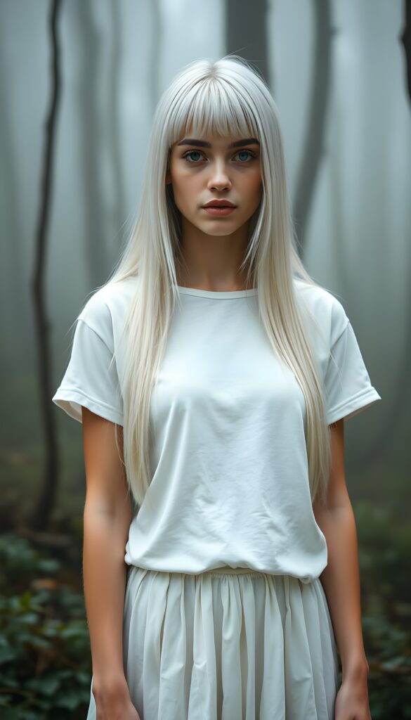 A beautiful young woman in a white, silvery oversized t-shirt paired with an a long, white skirt. Fantasy. She has long, straight, smooth platinum white soft hair. Light blue eyes, flawless skin. Bangs. Perfect anatomy for his hand. All against a misty and fogy forest. Fairy Fantasy.
