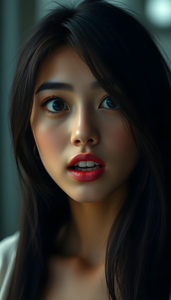 A beautiful young woman's face, deep black big round eyes, perfect eyebrows, flawless brown skin, red, full lips, white teeth, she looks surprised, makeup, long black hair falls straight like a waterfall over her shoulders and frames her round face. Her mouth is wide open.