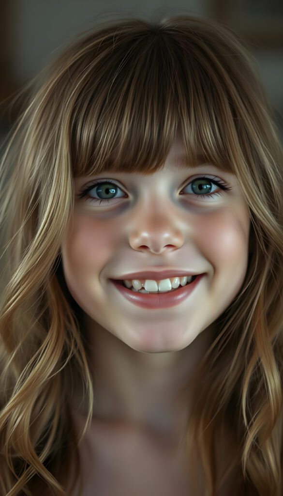 A beautiful young girl with soft, long wavy copper-colored hair, a few freckles on her face, detailed green eyes, full plump lips, her mouth slightly open, white teeth, looking very happy, focus on her upper body, blurred background.