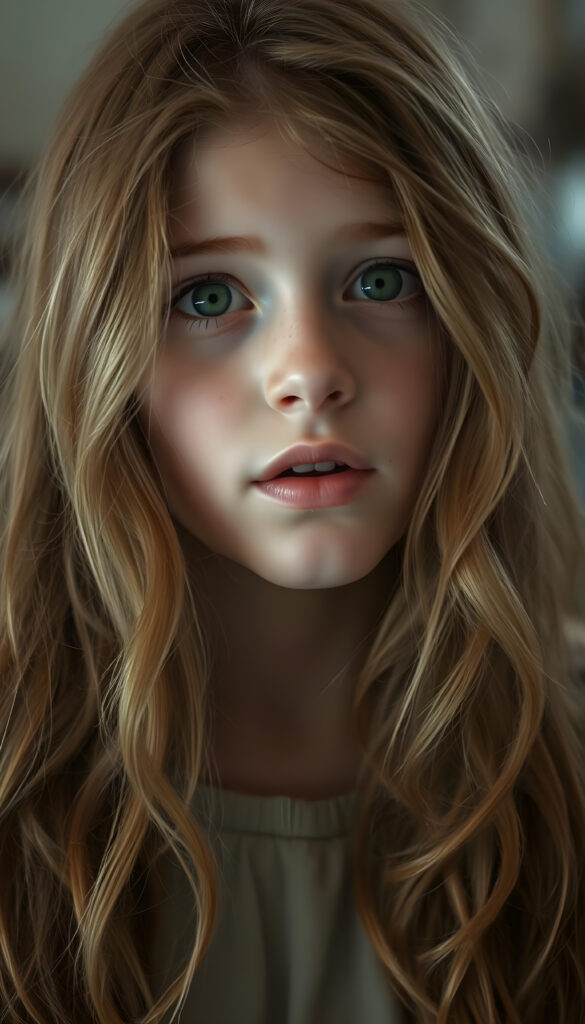 A beautiful young girl with soft, long wavy copper-colored hair, a few freckles on her face, detailed green eyes, full plump lips, her mouth slightly open, white teeth, looking surprised, focus on her upper body, blurred background.