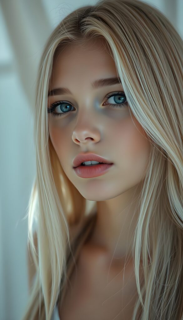A beautiful young girl with long, straight blonde hair; she has plump, full lips and is anticipating a sensual kiss; her skin is flawless. The focus is on her deep blue eyes. Light falls on her round, angelic face. The image perfectly conveys passion and sensuality. The background is a white-gray canvas.