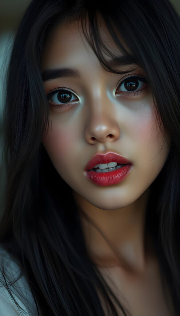 A beautiful young woman's face, deep black big round eyes, perfect eyebrows, flawless brown skin, red, full lips, white teeth, she looks surprised, makeup, long black hair falls straight like a waterfall over her shoulders and frames her round face. Her mouth is wide open.