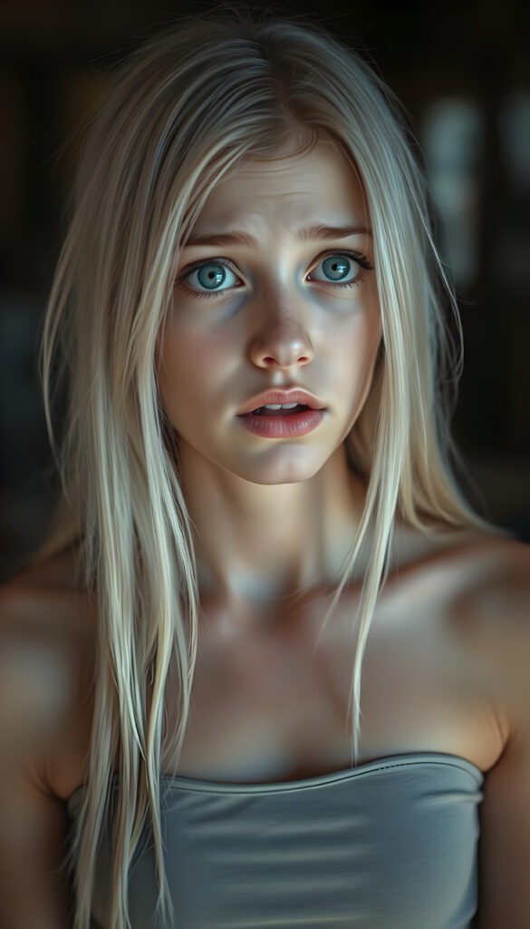 A beautiful young busty teen girl with soft, long, open straight white hair, a few freckles on her face, deep blue, detailed, shining eyes, full, plump lips, her mouth slightly open, white teeth, looking surprised and frightened, blurred background. She is wearing a tight light grey cropped tank top that hugs her perfect female body.