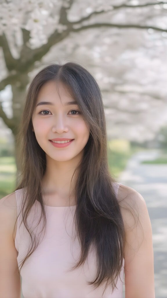 A beautiful young Korean woman, long dark hair, clear skin, gentle smile, wearing a modern pastel dress, standing in a sunlit park with cherry blossoms, soft natural lighting, photorealistic, high detail