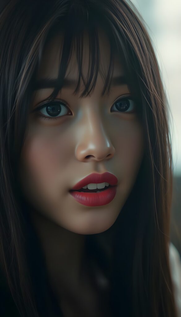 A beautiful young woman's face, deep black big round eyes, perfect eyebrows, flawless brown skin, red, full lips, white teeth, she looks surprised, makeup, long black hair falls straight like a waterfall over her shoulders and frames her round face. Her mouth is wide open.