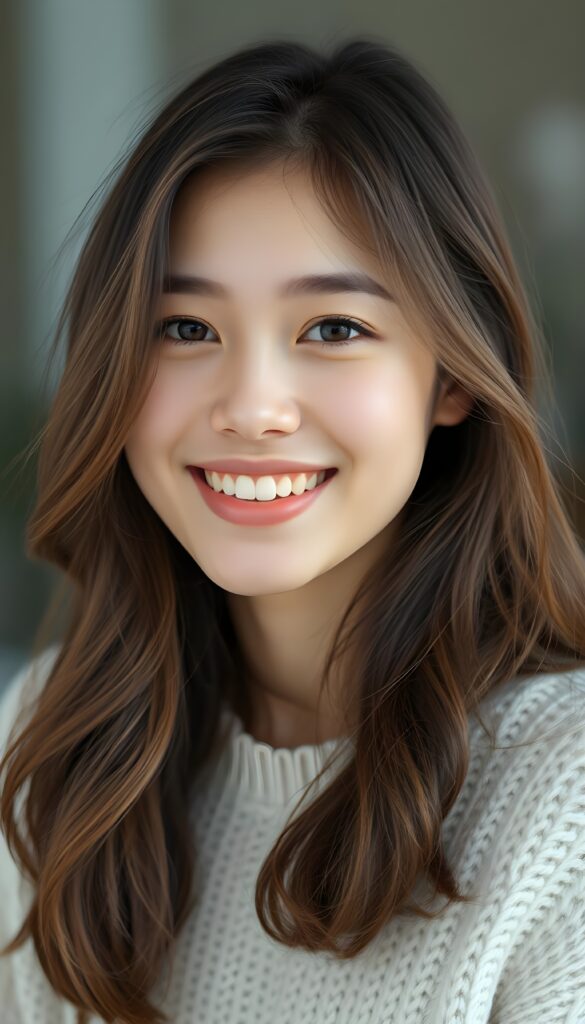 A beautiful upper body portrait from a young Asian girl with a round face, brown long straight jet hair with black highlights, smiling happily with a joyful expression. She is wearing a fine, white sweater that elegantly highlights her wonderfully shaped feminine body. She has a warm, natural look with soft lighting highlighting her features. Capture her genuine happiness as she looks directly at the camera, creating an inviting and cheerful portrait. Medium close-up shot, soft natural daylight, gentle background blur to emphasize her face and the elegant white sweater.