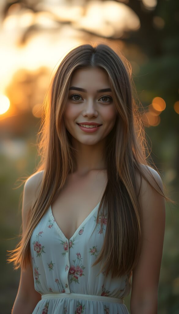 A beautiful young woman standing outdoors on a warm summer evening, bathed in soft golden hour light. She has gorgeous, dark blonde, long, straight and fine hair that falls smoothly over her shoulders and gently moves in the evening breeze. She is wearing a thin, light white summer dress with a colorful floral pattern, the fabric slightly translucent and softly flowing around her body as she moves. She has a warm, genuine smile and subtle, natural makeup that highlights her features. In the background, out‑of‑focus trees and distant lights create a dreamy, cinematic bokeh, with the sky glowing in orange and pink tones as the sun sets. The atmosphere feels calm, romantic, and peaceful, with a slightly cinematic, high‑quality, realistic style. View from the front.