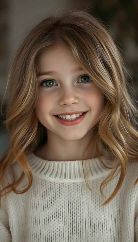 A beautiful young girl with soft, long wavy copper-colored hair, round face, detailed green eyes, full plump lips, her mouth slightly open, white teeth, looking very happy, focus on her upper body, blurred background, she wears a white fine sweater made of wool