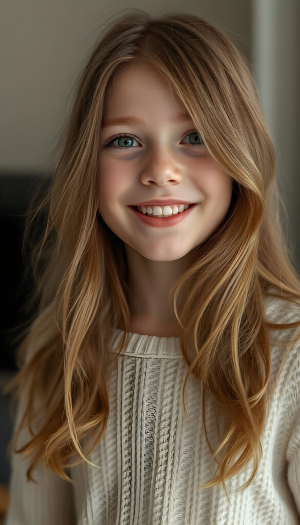 A beautiful young girl with soft, long wavy copper-colored hair, round face, detailed green eyes, full plump lips, her mouth slightly open, white teeth, looking very happy, focus on her upper body, blurred background, she wears a white fine sweater made of wool