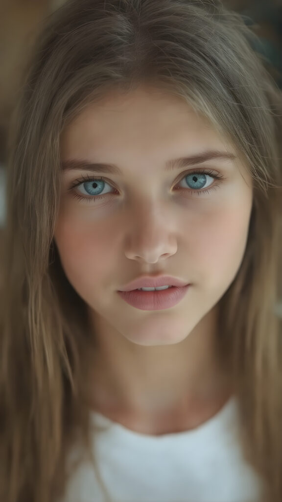 A beautifully (((young cute girlie))), with straight soft long amber hair, deep blue eyes, round face, which accentuates her perfect collarbones, and a seductive smile that captures the viewer's attention. Her flawless silver skin is visible in full detail, as is her slightly parted lips and piercing gaze, which draws the viewer in for an intimate close-up. Her mouth is slightly open, white teeth, she is wearing a white short t-shirt