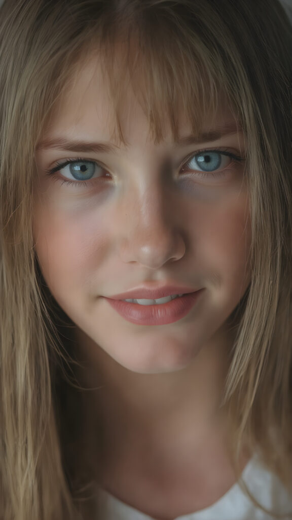 A beautifully (((young cute girlie))), with straight soft long amber hair, deep blue eyes, round face, which accentuates her perfect collarbones, and a seductive smile that captures the viewer's attention. Her flawless silver skin is visible in full detail, as is her slightly parted lips and piercing gaze, which draws the viewer in for an intimate close-up. Her mouth is slightly open, white teeth, she is wearing a white short t-shirt