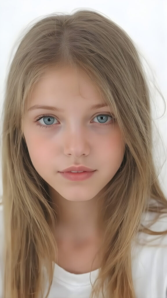 A beautifully drawn in the style of a Oil Painting of a (((young cute girlie))), with straight soft long amber hair, deep blue eyes, round face, which accentuates her perfect collarbones, and a seductive smile that captures the viewer's attention. Her flawless silver skin is visible in full detail, as is her slightly parted lips and piercing gaze, which draws the viewer in for an intimate close-up. Her mouth is slightly open, white teeth, she is wearing a white short t-shirt