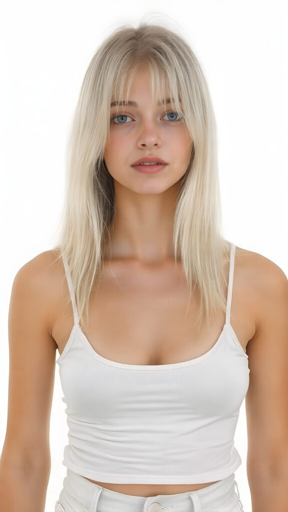 A beautifully drawn (((full body view))), capturing a (((petite teen girl))) with a sleek, ultra-straight (((white and very pale blonde hair))), dressed in a (((white pale spaghetti tank top, deep neck, paired with white jeans pants))), against a (((pure white backdrop)))