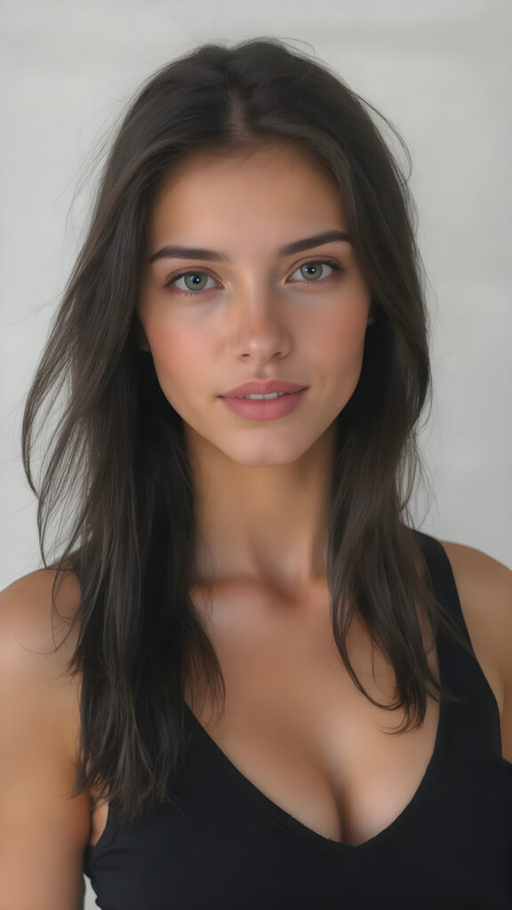 A beautifully drawn in the style of a Oil Painting (((upper body shot))) of a (((young well busty cute girlie))), with flowing soft long black hair, in a very short tight black tank top, deep neck, which accentuates her perfect collarbones, and a seductive smile that captures the viewer's attention. Her flawless skin is visible in full detail, as is her slightly parted lips and piercing gaze, which draws the viewer in for an intimate close-up.