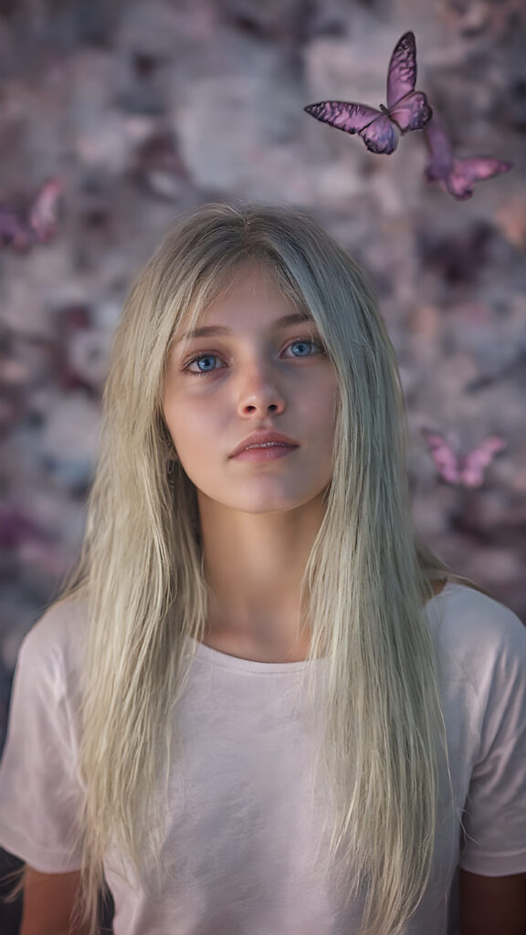 A beautifully drawn (((8K Ultra HD image))), featuring a (((teen girl with long, flowing white straight hair and pale skin))), exuding an ethereal glow that radiates from her face. Her expression is one of wonder and awe, as she stands surrounded by a (((floating, colorful butterfly landscape))), with vibrant butterflies in shades of pink, blue, and purple, all framed by a backdrop of (softly glowing, pastel clouds), she wears a white plain t-shirt, deep neck