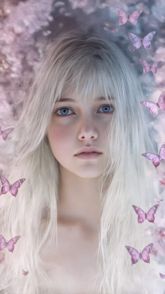 A beautifully drawn (((8K Ultra HD image))), featuring a (((girl with long, flowing white hair and pale skin))), exuding an ethereal glow that radiates from her face. Her expression is one of wonder and awe, as she stands surrounded by a (((floating, colorful butterfly landscape))), with vibrant butterflies in shades of pink, blue, and purple, all framed by a backdrop of (softly glowing, pastel clouds)