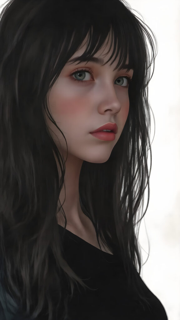 A beautifully drawn (((full body silhouette shot))) of a (((teen girl))) with a slightly (((skinny but athletic build))), featuring (((extra long, flowing obsidian-black hair that extends past her shoulders))) and (((pale skin))), evoking a sense of (((warmth and invitingness))), complemented by (((natural makeup))), (((loose bangs))), and (((a serene expression))) that gives off a feeling of (((being in a misty forest))) where (((the light of the sun shines on her face))), highlighting her delicate features and giving her a whimsically captivating look