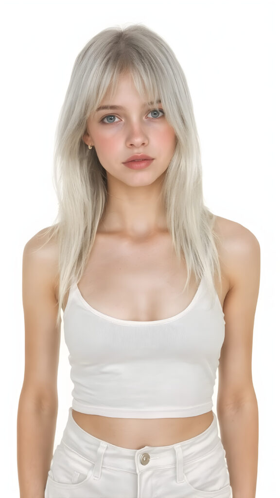 A beautifully drawn (((full body view))), capturing a (((petite teen girl))) with a sleek, ultra-straight (((white and very pale blonde hair))), dressed in a (((white pale spaghetti tank top, deep neck, paired with white jeans pants))), against a (((pure white backdrop)))