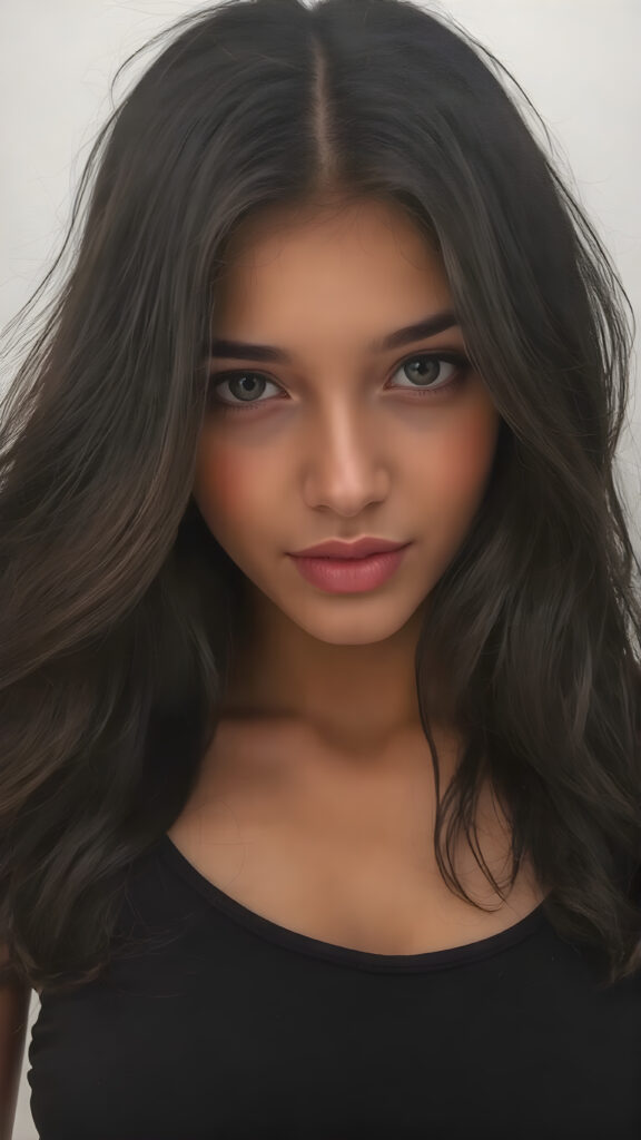 A beautifully drawn in the style of a Oil Painting (((upper body shot))) of a (((young well busty cute girlie))), with flowing soft long black hair, in a very short tight black tank top, deep neck, which accentuates her perfect collarbones, and a seductive smile that captures the viewer's attention. Her flawless skin is visible in full detail, as is her slightly parted lips and piercing gaze, which draws the viewer in for an intimate close-up.