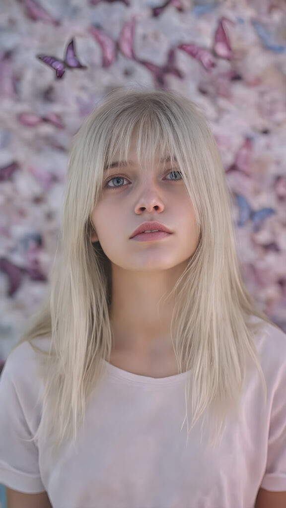 A beautifully drawn (((8K Ultra HD image))), featuring a (((teen girl with long, flowing white straight hair and pale skin))), exuding an ethereal glow that radiates from her face. Her expression is one of wonder and awe, as she stands surrounded by a (((floating, colorful butterfly landscape))), with vibrant butterflies in shades of pink, blue, and purple, all framed by a backdrop of (softly glowing, pastel clouds), she wears a white plain t-shirt, deep neck