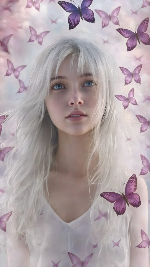 A beautifully drawn (((8K Ultra HD image))), featuring a (((girl with long, flowing white hair and pale skin))), exuding an ethereal glow that radiates from her face. Her expression is one of wonder and awe, as she stands surrounded by a (((floating, colorful butterfly landscape))), with vibrant butterflies in shades of pink, blue, and purple, all framed by a backdrop of (softly glowing, pastel clouds)