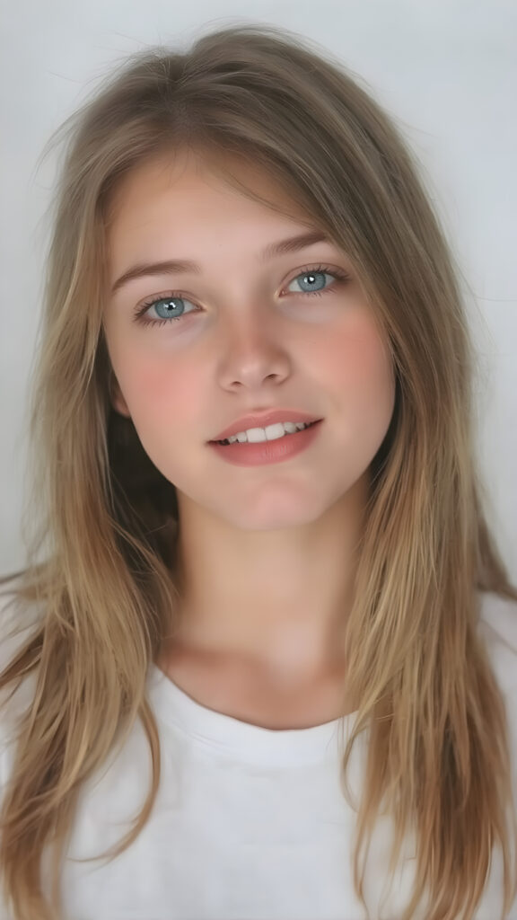 A beautifully drawn in the style of a Oil Painting of a (((young cute girlie))), with straight soft long amber hair, deep blue eyes, round face, which accentuates her perfect collarbones, and a seductive smile that captures the viewer's attention. Her flawless silver skin is visible in full detail, as is her slightly parted lips and piercing gaze, which draws the viewer in for an intimate close-up. Her mouth is slightly open, white teeth, she is wearing a white short t-shirt