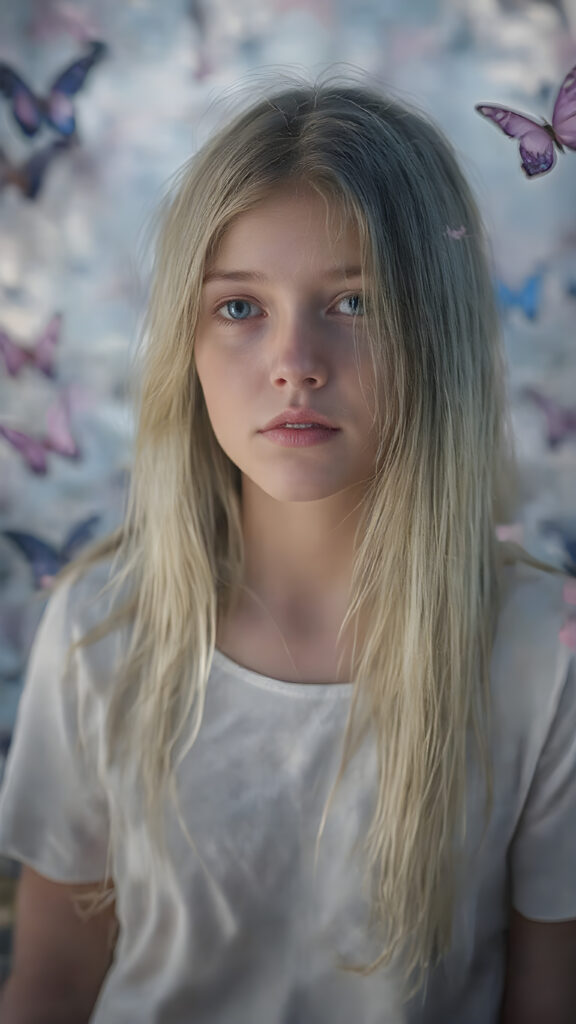 A beautifully drawn (((8K Ultra HD image))), featuring a (((teen girl with long, flowing white straight hair and pale skin))), exuding an ethereal glow that radiates from her face. Her expression is one of wonder and awe, as she stands surrounded by a (((floating, colorful butterfly landscape))), with vibrant butterflies in shades of pink, blue, and purple, all framed by a backdrop of (softly glowing, pastel clouds), she wears a white plain t-shirt, deep neck