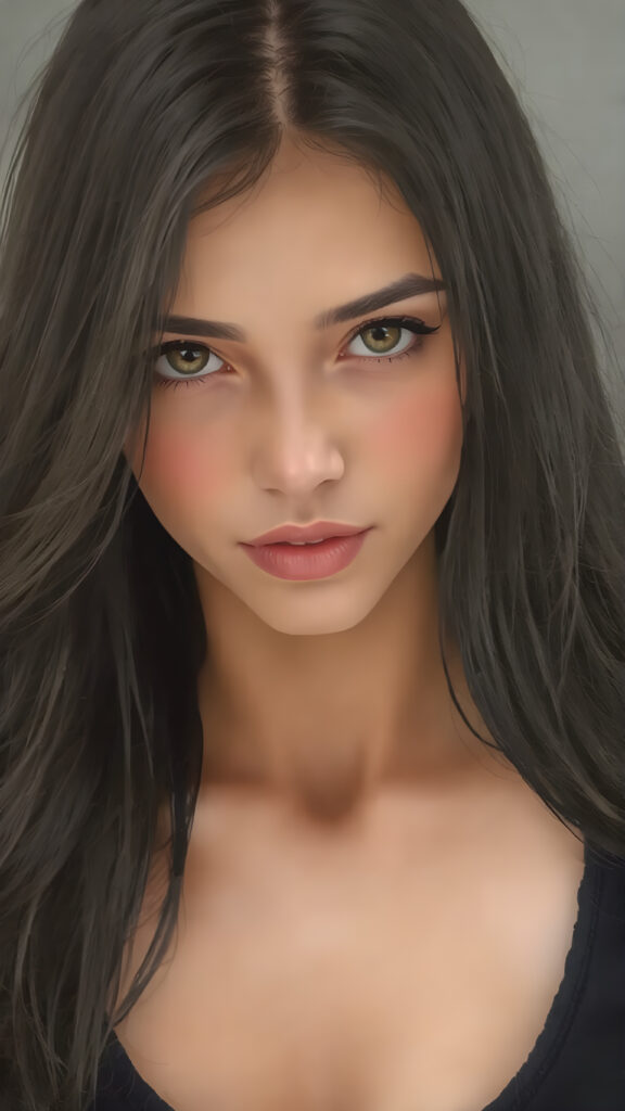 A beautifully drawn in the style of a Oil Painting (((upper body shot))) of a (((young well busty cute girlie))), with flowing soft long black hair, in a very short tight black tank top, deep neck, which accentuates her perfect collarbones, and a seductive smile that captures the viewer's attention. Her flawless skin is visible in full detail, as is her slightly parted lips and piercing gaze, which draws the viewer in for an intimate close-up.
