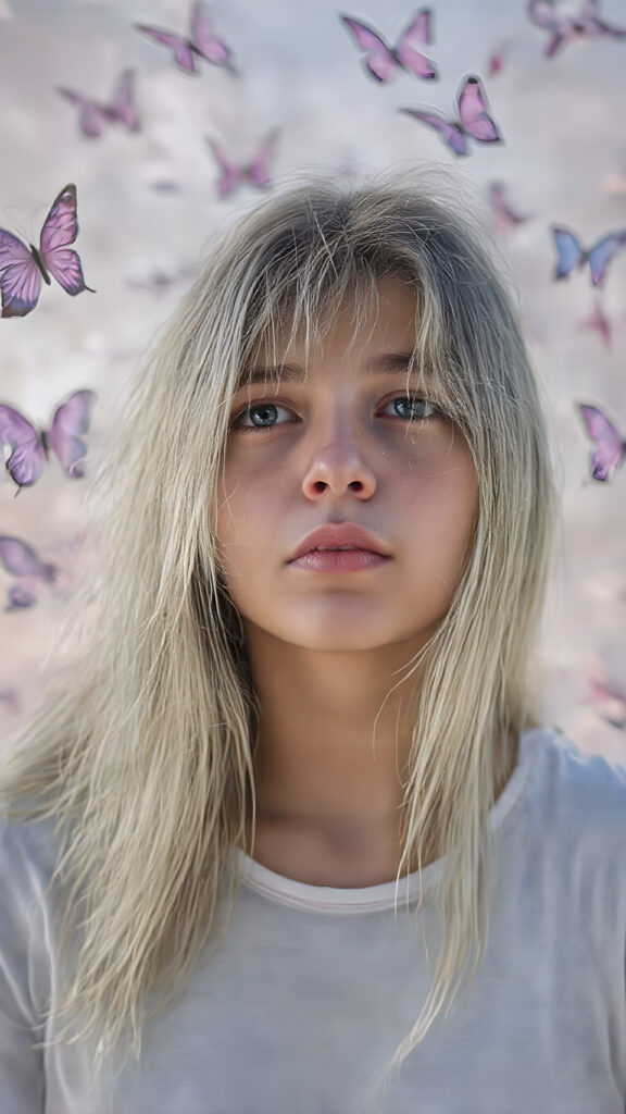 A beautifully drawn (((8K Ultra HD image))), featuring a (((teen girl with long, flowing white straight hair and pale skin))), exuding an ethereal glow that radiates from her face. Her expression is one of wonder and awe, as she stands surrounded by a (((floating, colorful butterfly landscape))), with vibrant butterflies in shades of pink, blue, and purple, all framed by a backdrop of (softly glowing, pastel clouds), she wears a white plain t-shirt, deep neck