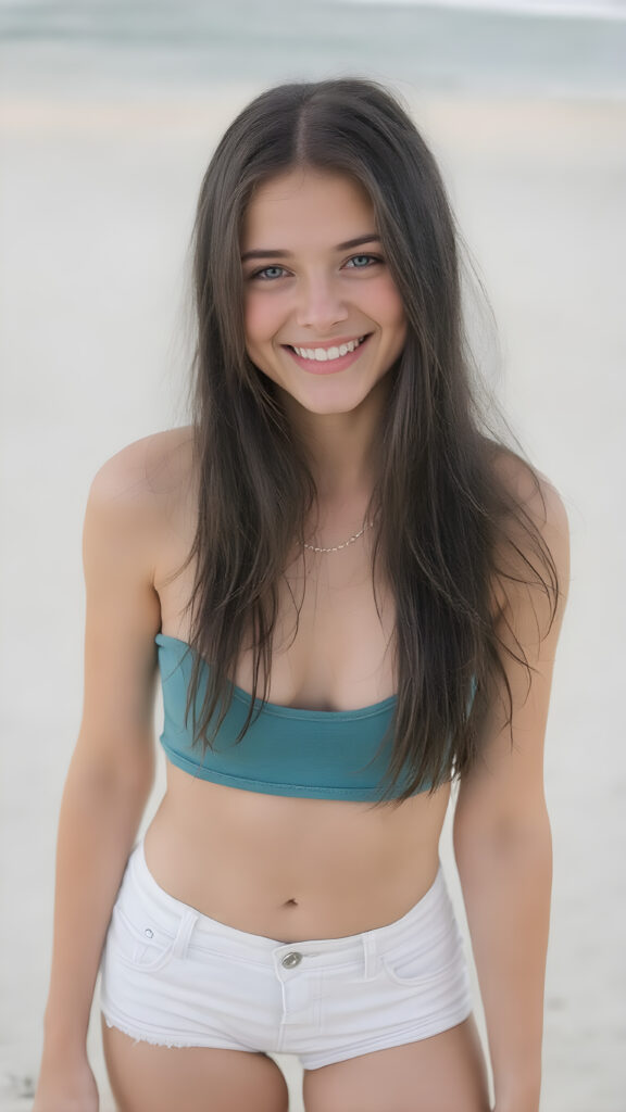 A beautifully detailed (((full body shot))), capturing a (((very happy teen girl))) she has a warm, inviting smile, and sun-kissed skin that gives off a (soft glow). Her (long, straight black hair) cascades down her back, while her ((blue eyes)) sparkle with excitement. She is posed confidently on a sandy beach, enjoying the warm embrace of the sun on her skin. Her ((white denim jean shorts)) are tight-fitting and short, perfectly accentuating her legs. Her ((teal crop top)) is a tight, low cut, perfect for accentuating her toned, sun-kissed skin.