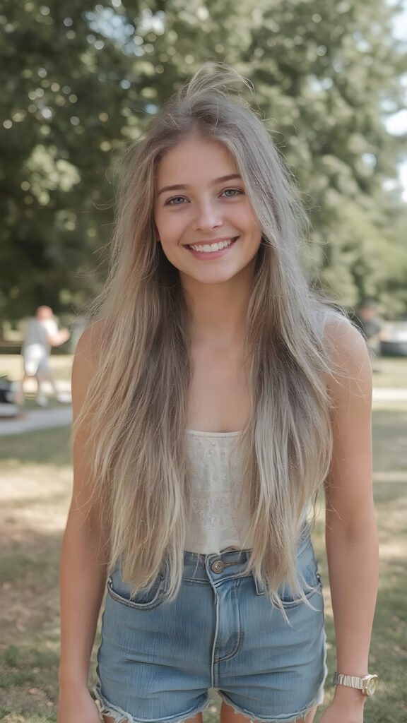 A beautifully drawn (((full body view))), featuring a (((pretty young teen girl))) with straight white teeth and ((perfectly aligned eyes)), dressed in a bright summer day at the park. Her long, flowing white hair cascades down her back, while her slender thighs make her legs stand out against her perfectly proportioned figure. She smiles confidently, with a playful expression that draws attention to her face and perfectly proportioned body, perfectly aligned eyes, and perfectly straight white teeth, the teen is happy and smiling, full body view