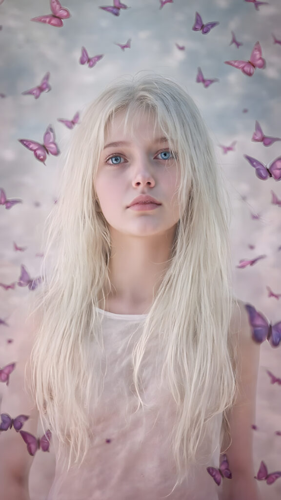 A beautifully drawn (((8K Ultra HD image))), featuring a (((girl with long, flowing white hair and pale skin))), exuding an ethereal glow that radiates from her face. Her expression is one of wonder and awe, as she stands surrounded by a (((floating, colorful butterfly landscape))), with vibrant butterflies in shades of pink, blue, and purple, all framed by a backdrop of (softly glowing, pastel clouds)